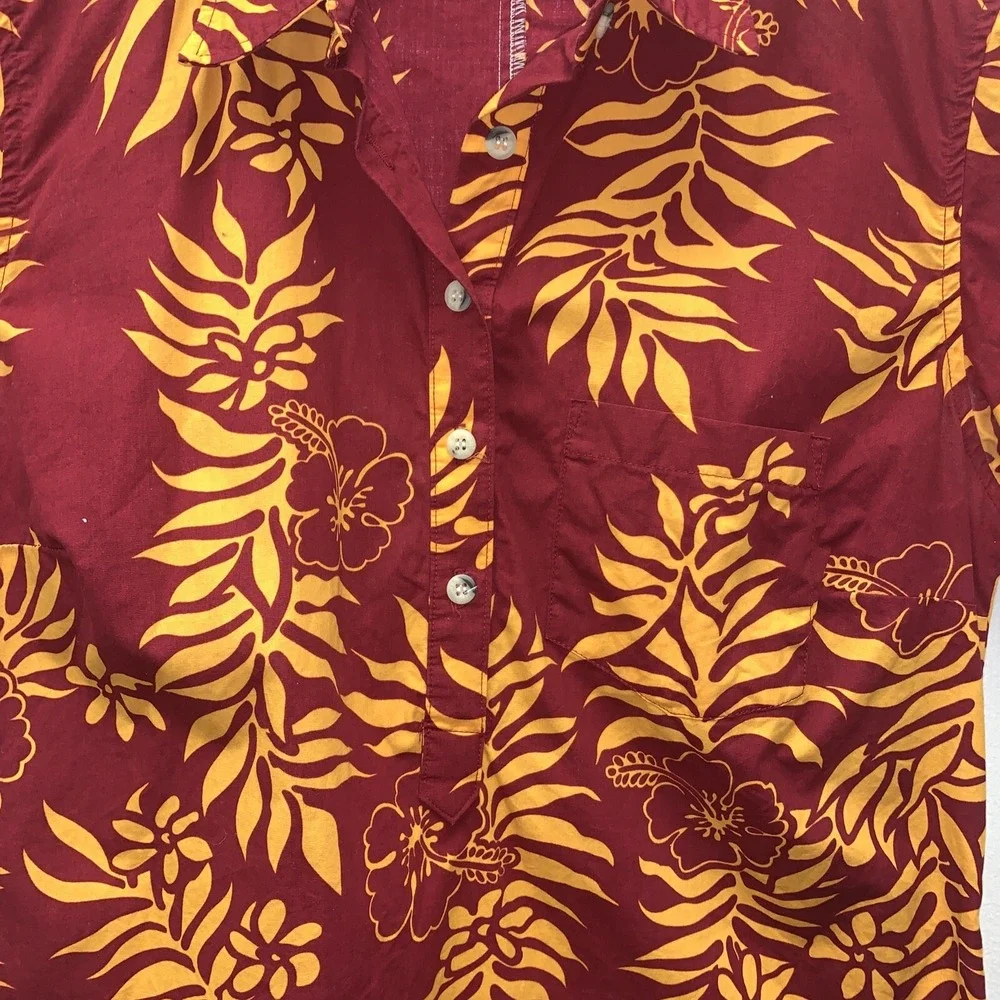 Go Barefoot Shirt Mens M Red Yellow Floral‎ Hawaiian USA Made Cardinal Gold
